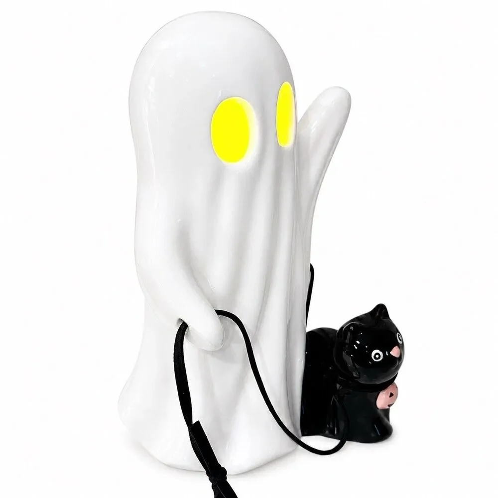 Spooky Hollow LED Ceramic Ghost Walking Black Cat On Leash Halloween Decor 9